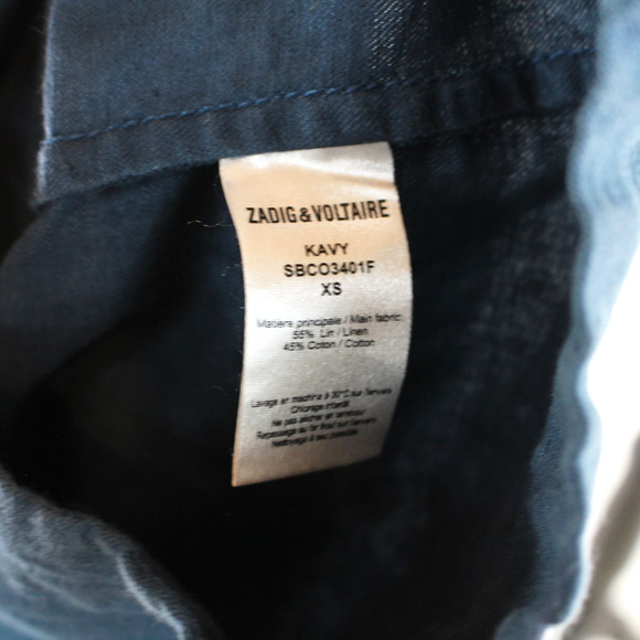 Zadig & Voltaire Kavy Blue Zip Up Linen Military Jacket XS Patch Half Sleeve Top - Picture 7 of 7